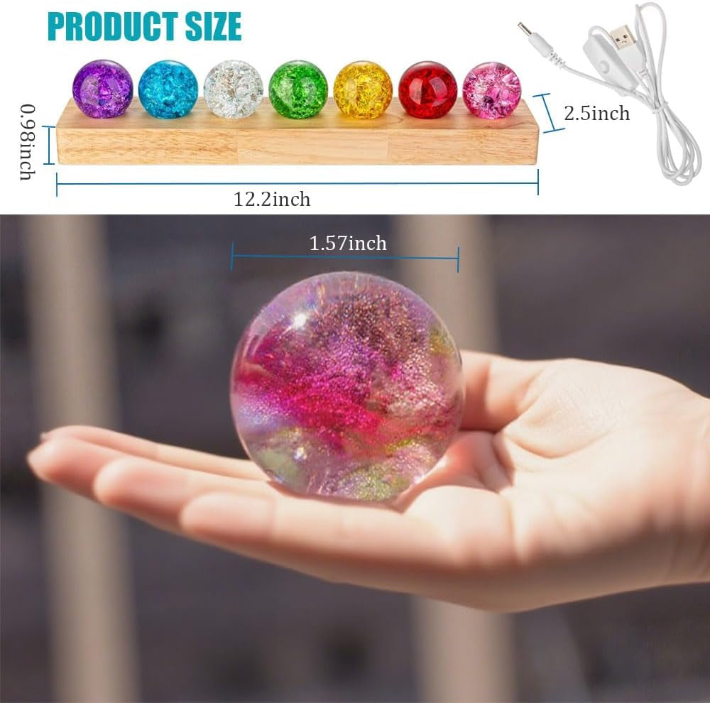 40mm Set of 7 Ice Cracked Glass Crystal Chakra Balls with LED Wooden Base - Colorful Healing Spheres for Home Decor, Meditation, and Energy Balancing
