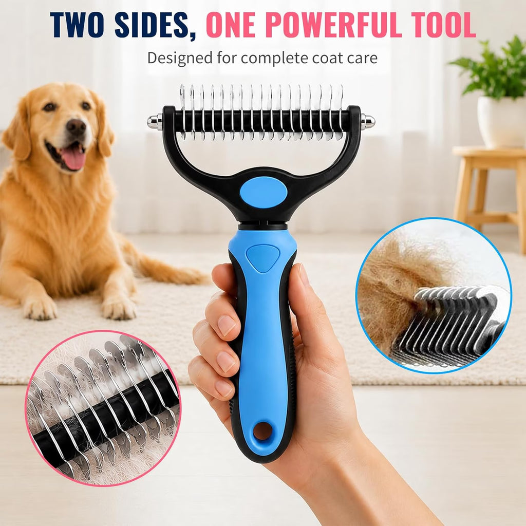 Professional Deshedding Tool for Dogs and Cats - Double-Sided Brush Rake for Indoor Cats, Pet Hair Remover for Shedding, Long-Haired Dog Brushes, and Undercoat Comb Supplies