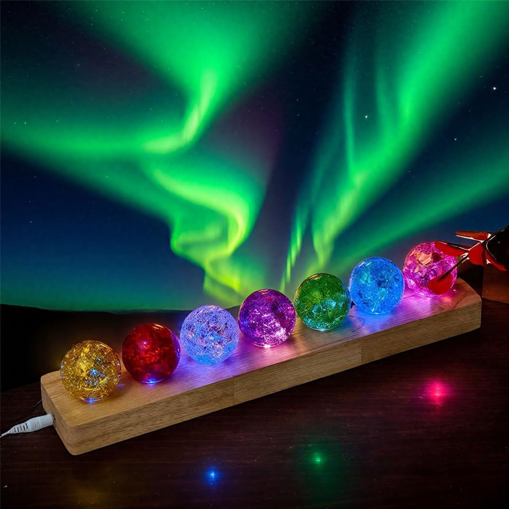 40mm Set of 7 Ice Cracked Glass Crystal Chakra Balls with LED Wooden Base - Colorful Healing Spheres for Home Decor, Meditation, and Energy Balancing