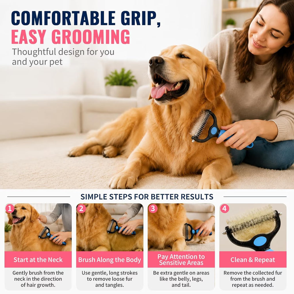 Professional Deshedding Tool for Dogs and Cats - Double-Sided Brush Rake for Indoor Cats, Pet Hair Remover for Shedding, Long-Haired Dog Brushes, and Undercoat Comb Supplies
