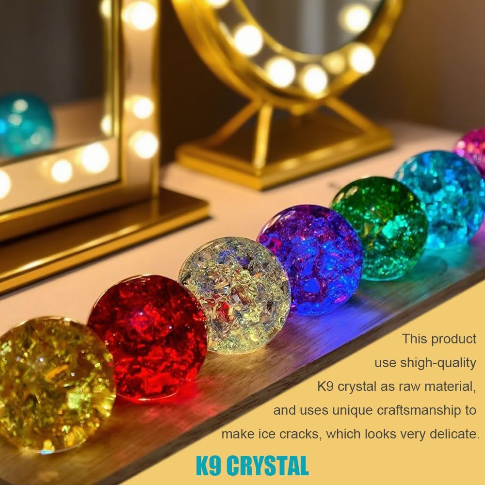 40mm Set of 7 Ice Cracked Glass Crystal Chakra Balls with LED Wooden Base - Colorful Healing Spheres for Home Decor, Meditation, and Energy Balancing