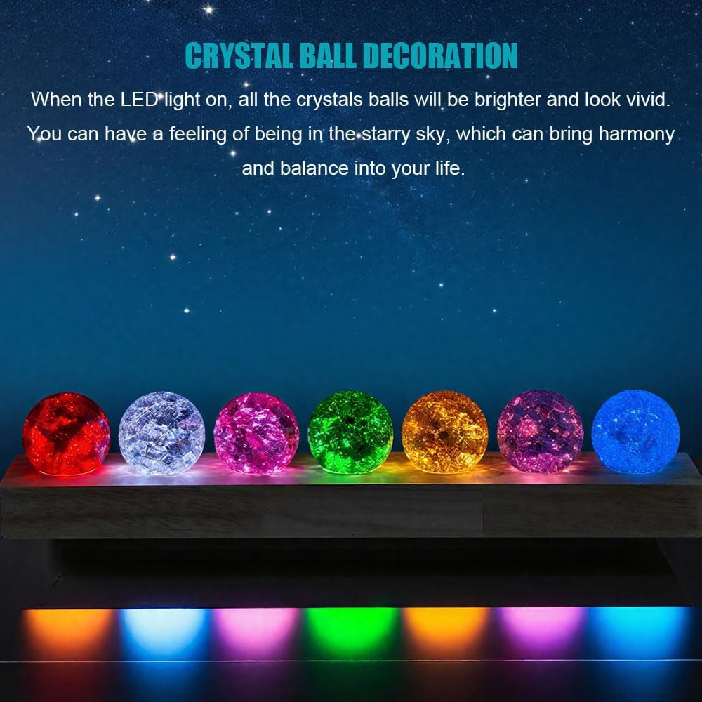 40mm Set of 7 Ice Cracked Glass Crystal Chakra Balls with LED Wooden Base - Colorful Healing Spheres for Home Decor, Meditation, and Energy Balancing
