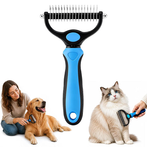 Professional Deshedding Tool for Dogs and Cats - Double-Sided Brush Rake for Indoor Cats, Pet Hair Remover for Shedding, Long-Haired Dog Brushes, and Undercoat Comb Supplies