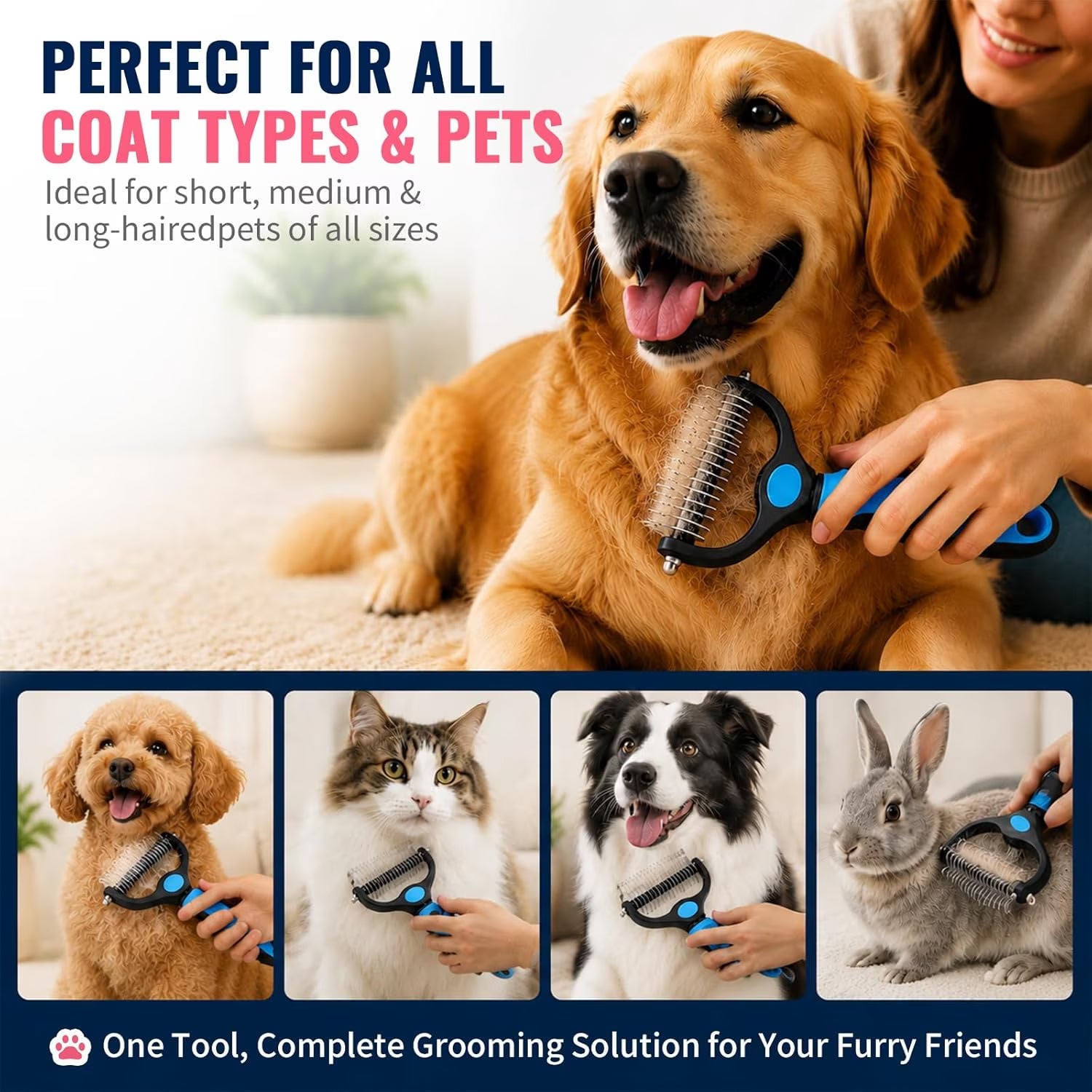 Professional Deshedding Tool for Dogs and Cats - Double-Sided Brush Rake for Indoor Cats, Pet Hair Remover for Shedding, Long-Haired Dog Brushes, and Undercoat Comb Supplies