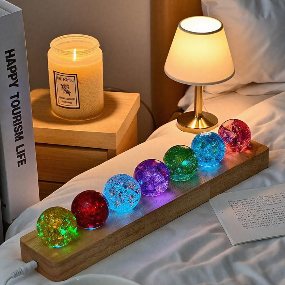 40mm Set of 7 Ice Cracked Glass Crystal Chakra Balls with LED Wooden Base - Colorful Healing Spheres for Home Decor, Meditation, and Energy Balancing