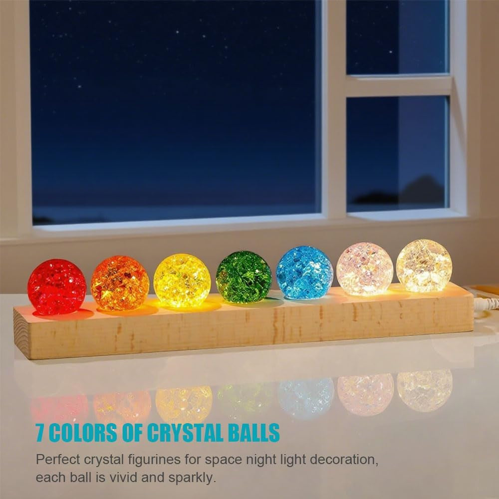 40mm Set of 7 Ice Cracked Glass Crystal Chakra Balls with LED Wooden Base - Colorful Healing Spheres for Home Decor, Meditation, and Energy Balancing