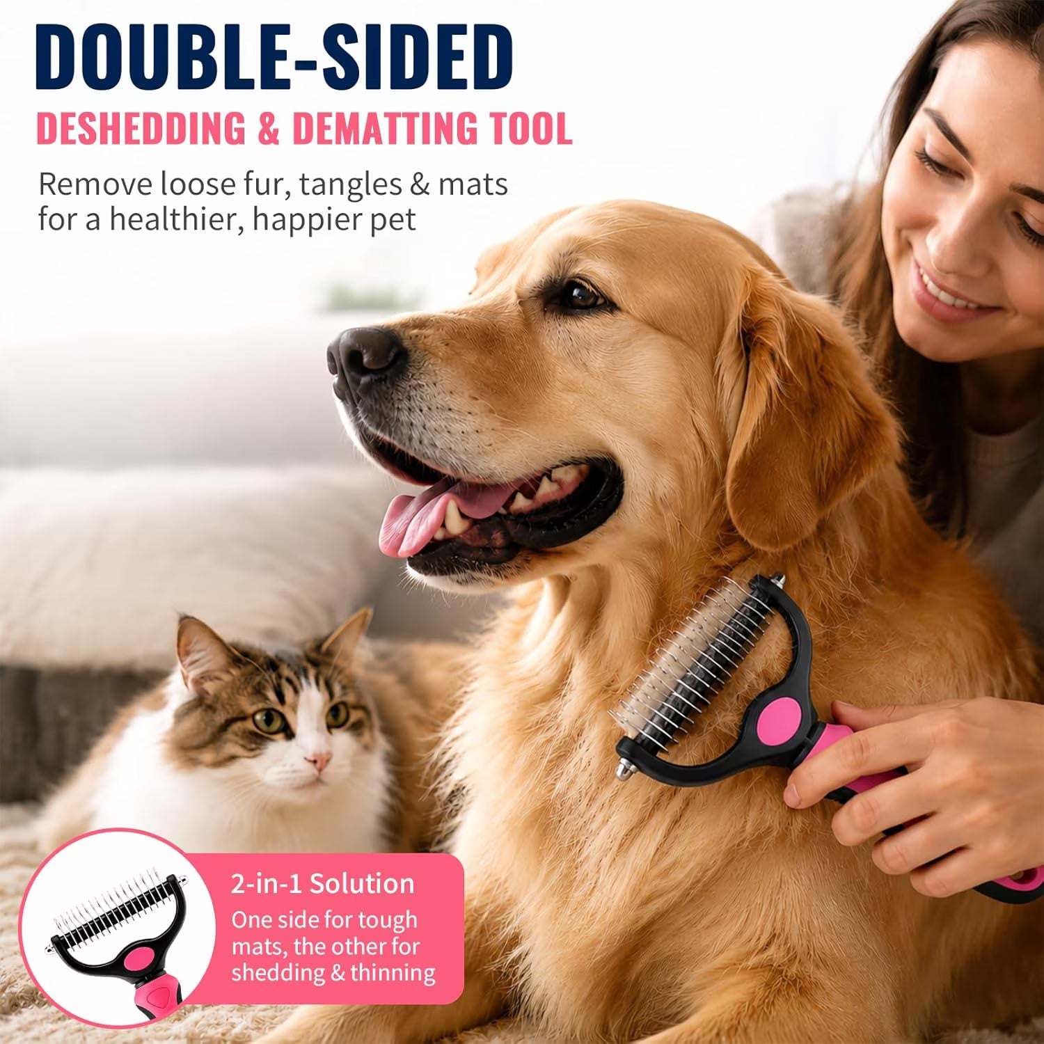 Professional Deshedding Tool for Dogs and Cats - Double-Sided Brush Rake for Indoor Cats, Pet Hair Remover for Shedding, Long-Haired Dog Brushes, and Undercoat Comb Supplies