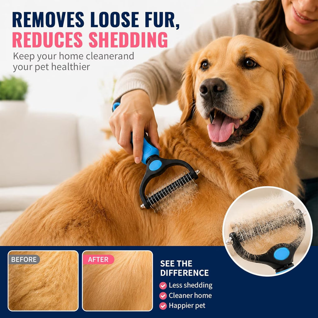 Professional Deshedding Tool for Dogs and Cats - Double-Sided Brush Rake for Indoor Cats, Pet Hair Remover for Shedding, Long-Haired Dog Brushes, and Undercoat Comb Supplies