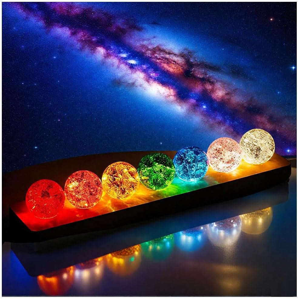 40mm Set of 7 Ice Cracked Glass Crystal Chakra Balls with LED Wooden Base - Colorful Healing Spheres for Home Decor, Meditation, and Energy Balancing